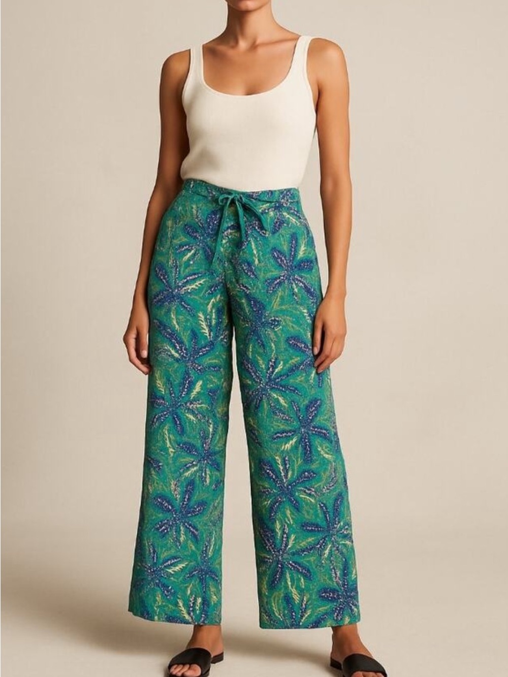 Tropical Wide-Leg Tie-Waist Pants in Green